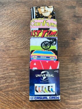 Universal Studios Bioworld Adult Mens Casual Crew Socks 6 Pair Jaws Fast Times